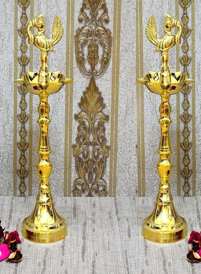 Denique Brass Nakshi Peacock Kerala Mahabharat Oil/Ghee Diya, Deepak, Lamp Design Long Diyas for Home, Pooja Room, Pancharti, Panchmukhi Diya for Puja, Decoration, Aarti,(21 C.M) Pack of (2) - Image 1